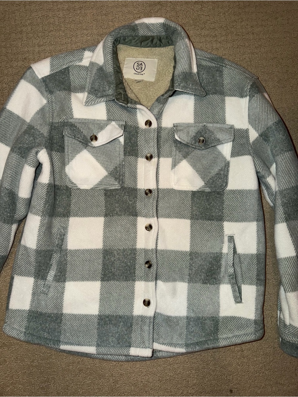 Plaid Sherpa-Lined Shacket Jacket - Green & White